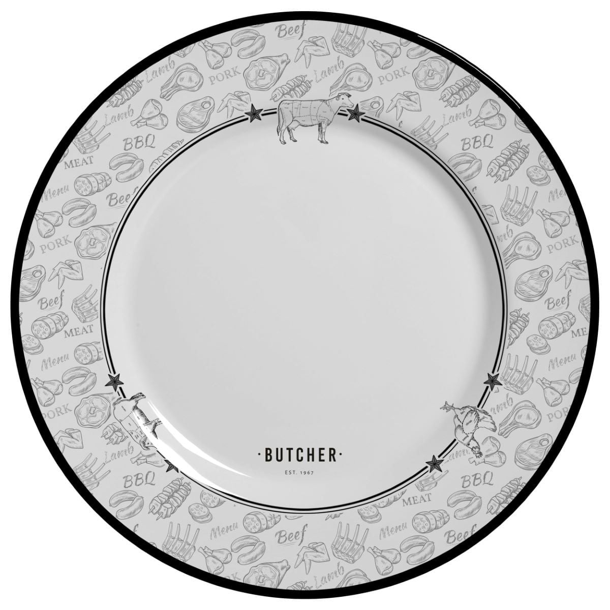 Prato Raso Butcher Barbecue B Churrasco Cerâmica 28,5cm - Ela Decora