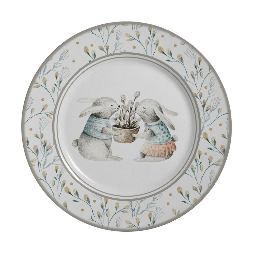 Prato Raso Cerâmica Feldspática Coelho Páscoa Branco 28,5 cm - Ela Decora