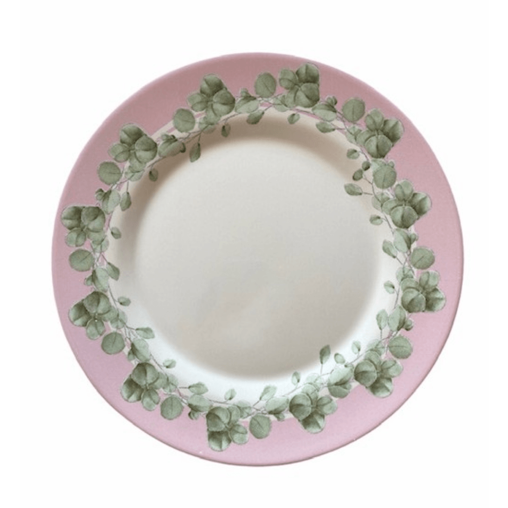 Prato Raso Cerâmica Feldspática Páscoa Decor Borda Rosa Fundo Branco - 28,5 cm - Ela Decora