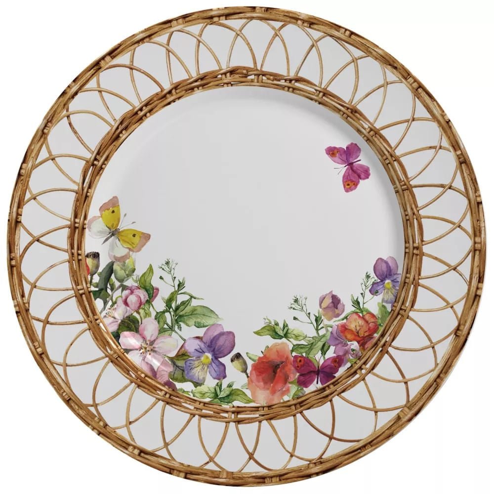 Prato Raso Flores Rattan 28,5cm - Ela Decora