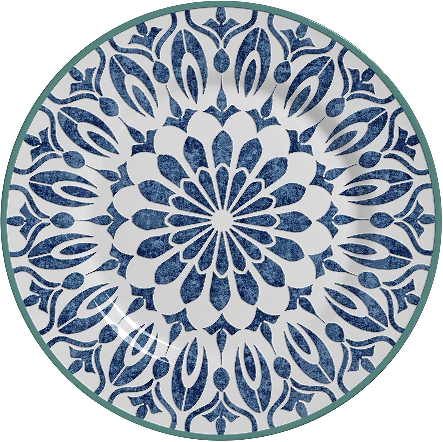 Prato Raso Mandala Azul Borda Verde Ikat Cerâmica - 28,5cm - Ela Decora