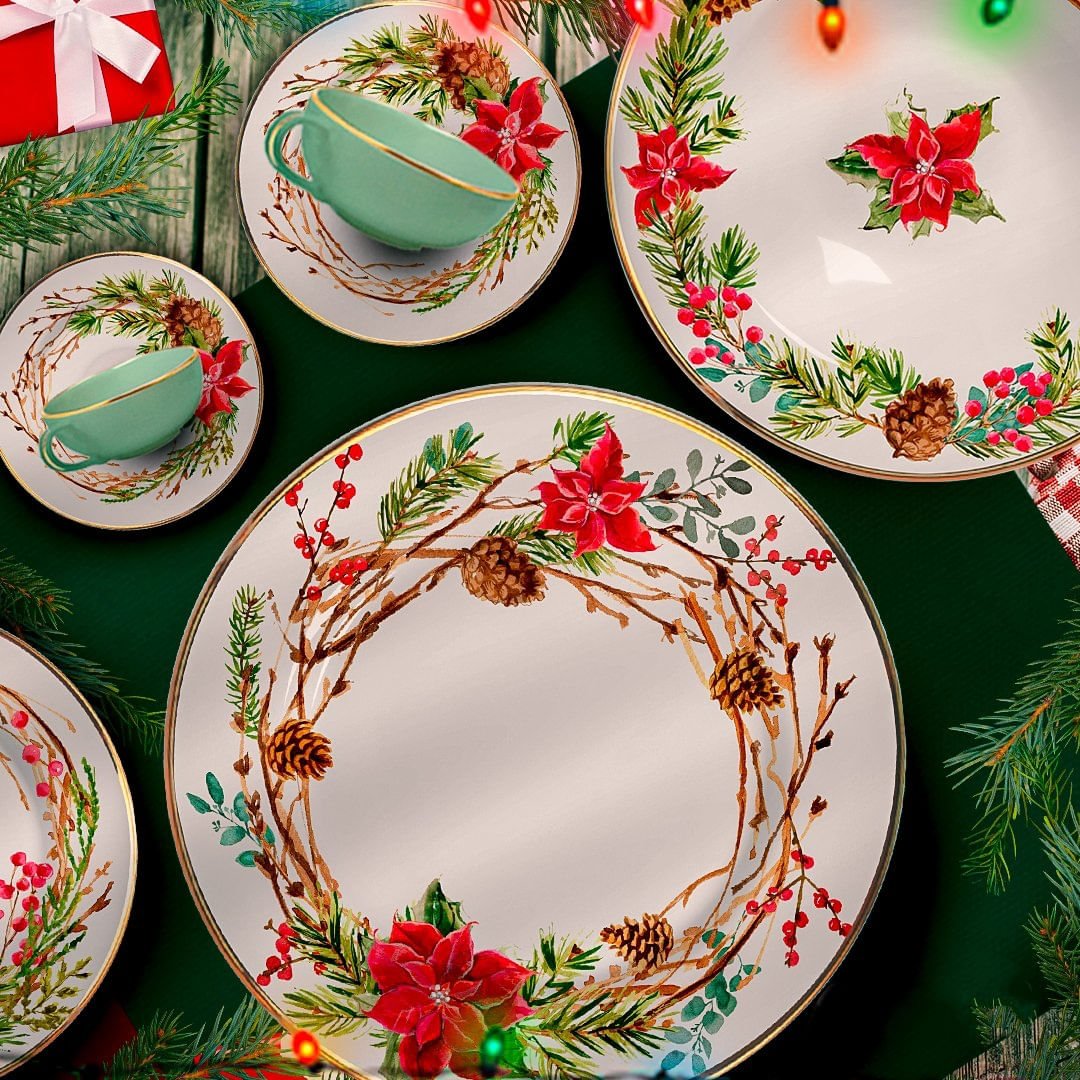 Prato Sobremesa Guirlanda Natal Filete Ouro 19,5cm - Ela Decora