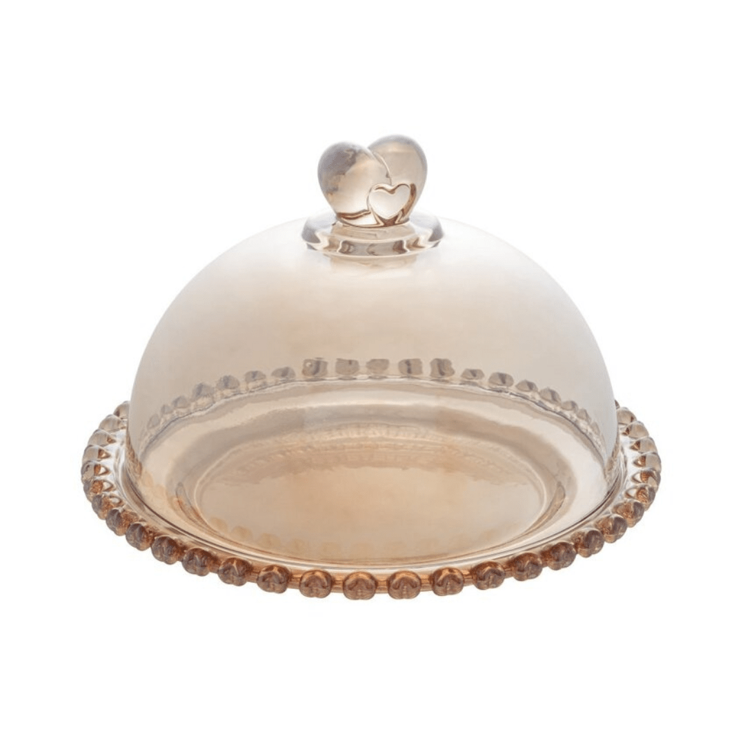 Queijeira com Tampa de Cristal Coração Âmbar Metalizado 19,5cm - Ela Decora
