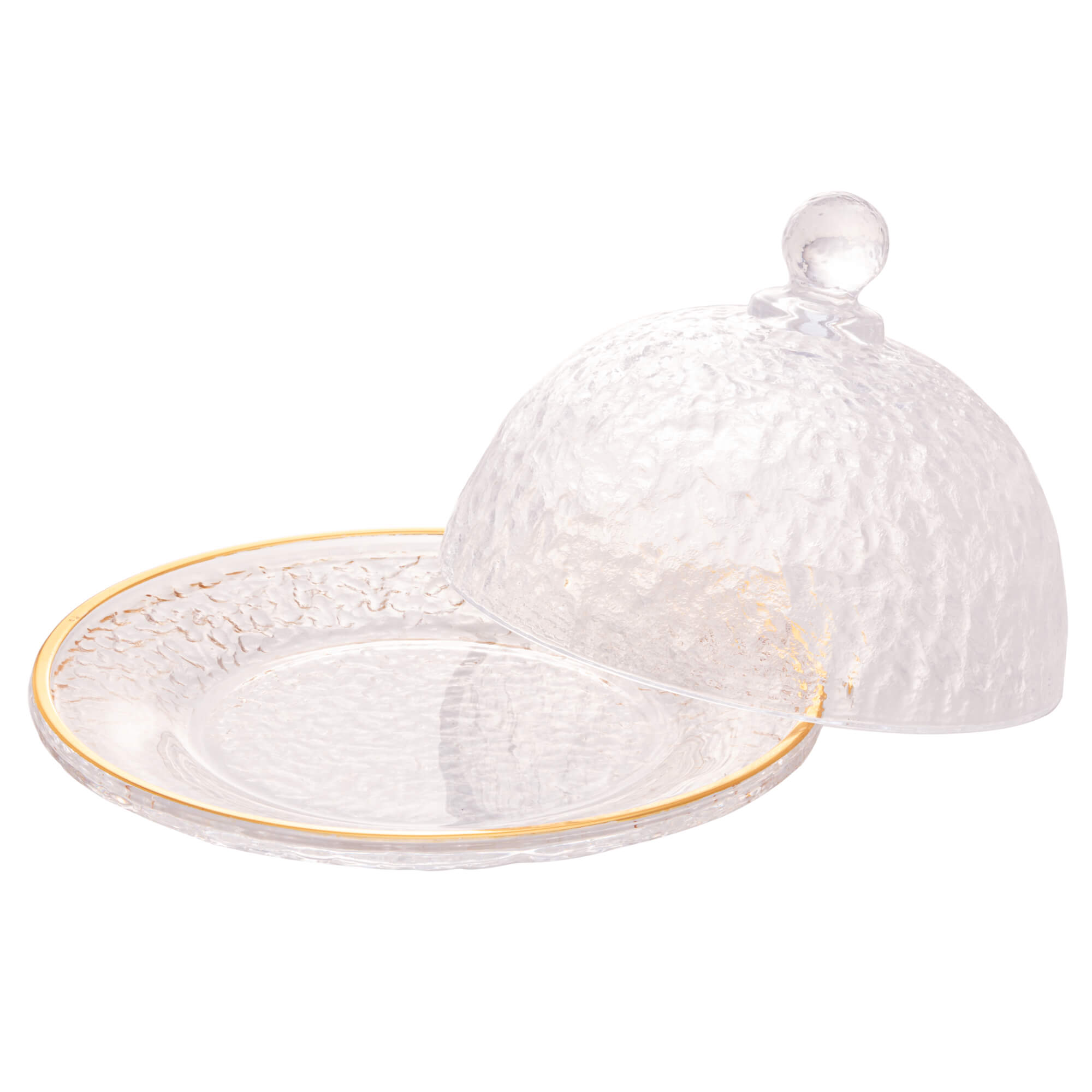 Queijeira Cristal de Chumbo Martelado Petra com Tampa e Borda Dourada 19,5cm - Ela Decora