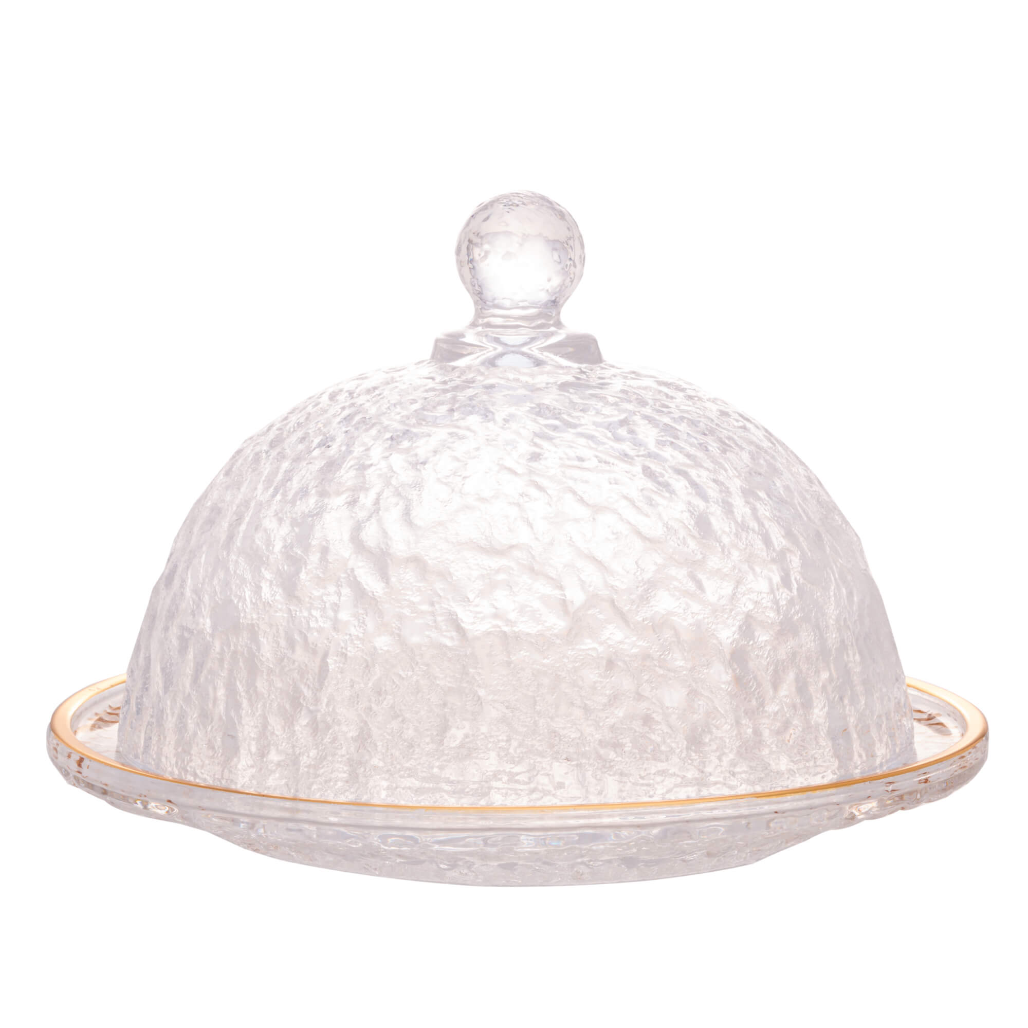 Queijeira Cristal de Chumbo Martelado Petra com Tampa e Borda Dourada 19,5cm - Ela Decora