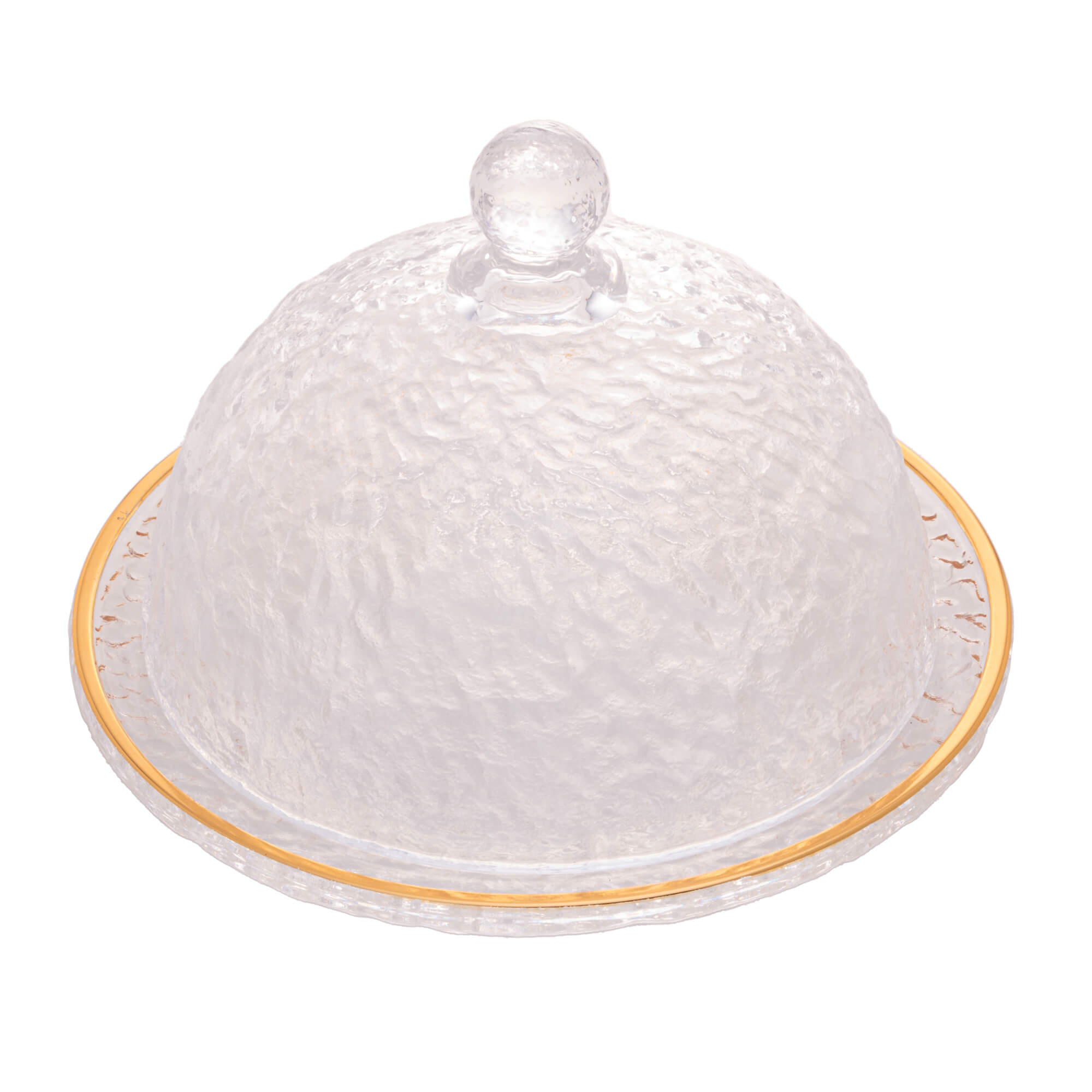 Queijeira Cristal de Chumbo Martelado Petra com Tampa e Borda Dourada 19,5cm - Ela Decora