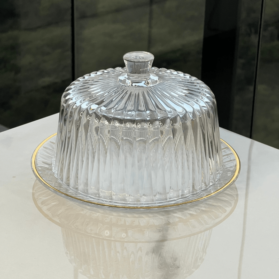 Queijeira Radial em Cristal com Tampa Fio de Ouro 20cm - Ela Decora