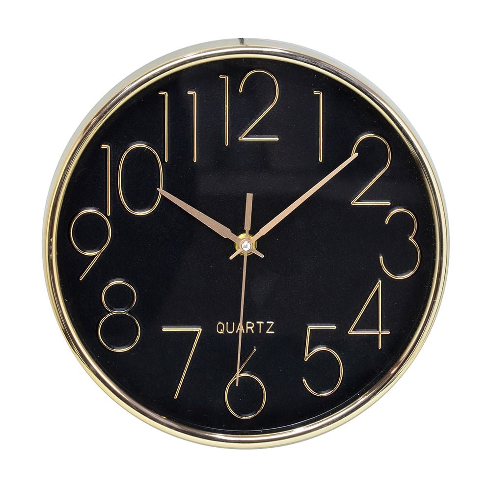 Relógio de Parede Preto e Dourado 25cm - Ela Decora