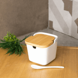 Saleiro de Mesa Ceramica com Tampa e Colher Branca 400ml - Ela Decora