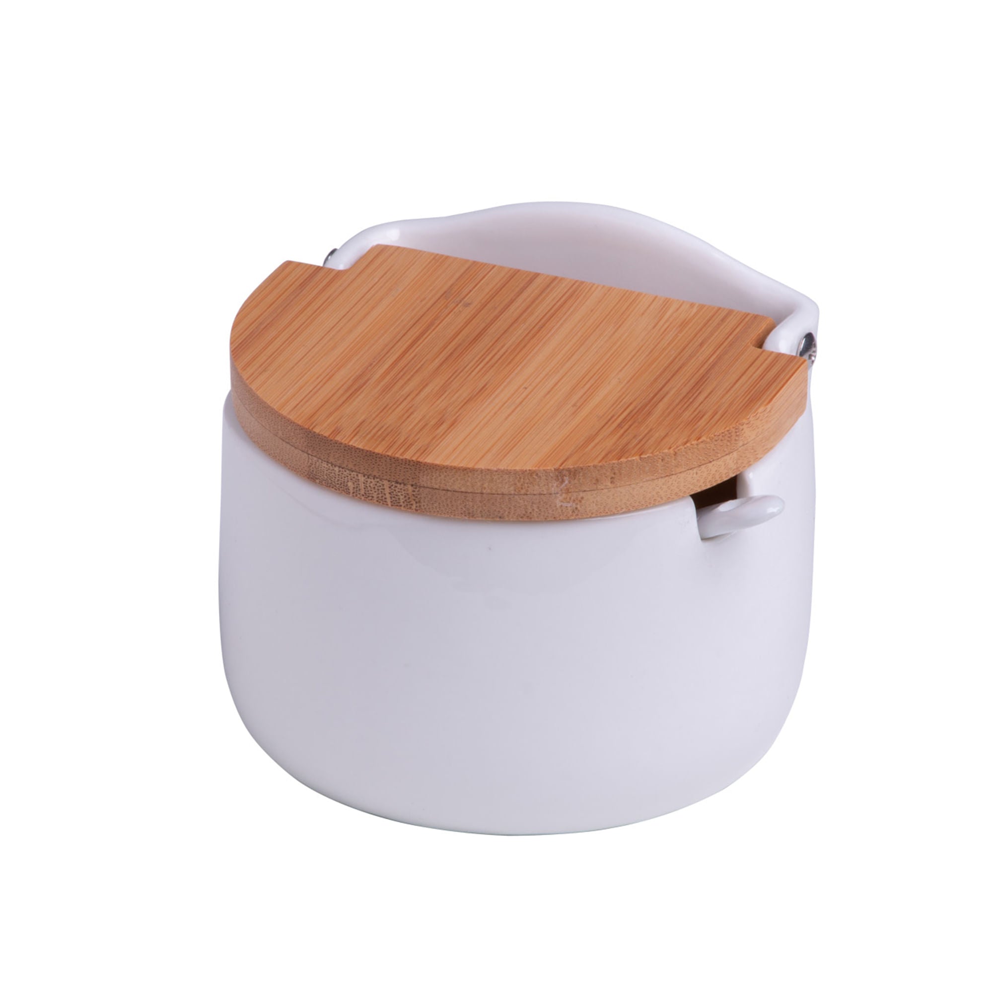 Saleiro de Mesa em Cerâmica com Tampa de Bambu e Colher Branco 10cm - Ela Decora