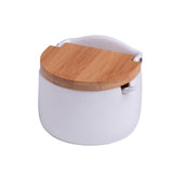 Saleiro de Mesa em Cerâmica com Tampa de Bambu e Colher Branco 10cm - Ela Decora