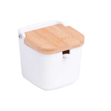 Saleiro de Mesa em Cerâmica com Tampa de Madeira e Colher Branco 9cm - Ela Decora