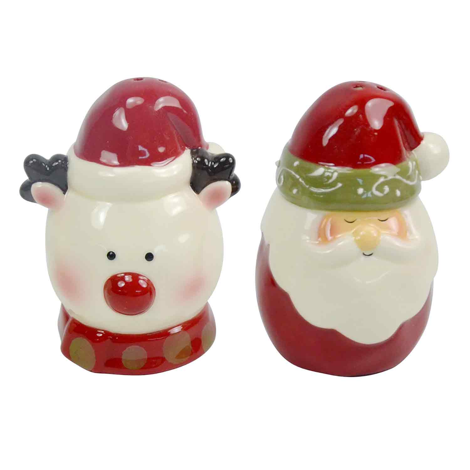 Saleiro e Pimenteiro Natalinos Rena e Papai Noel em Cerâmica 2 Peças - Ela Decora