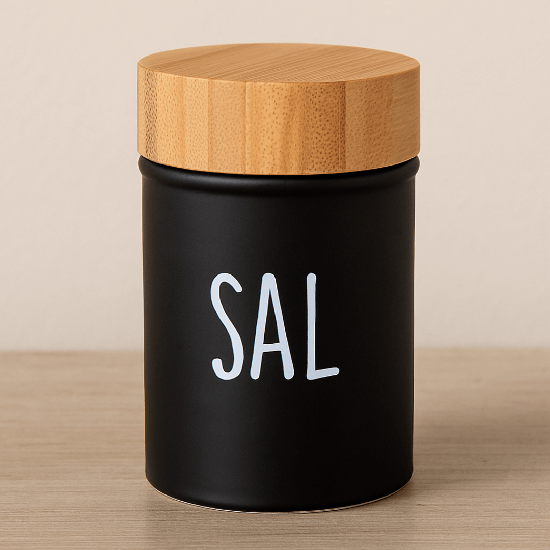 saleiro preto com tampa de bambu