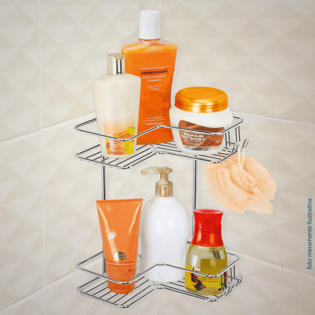 Suporte Cantoneira Dupla Porta Shampoo Condicionador Fixação Parafuso Aço Cromado - Ela Decora