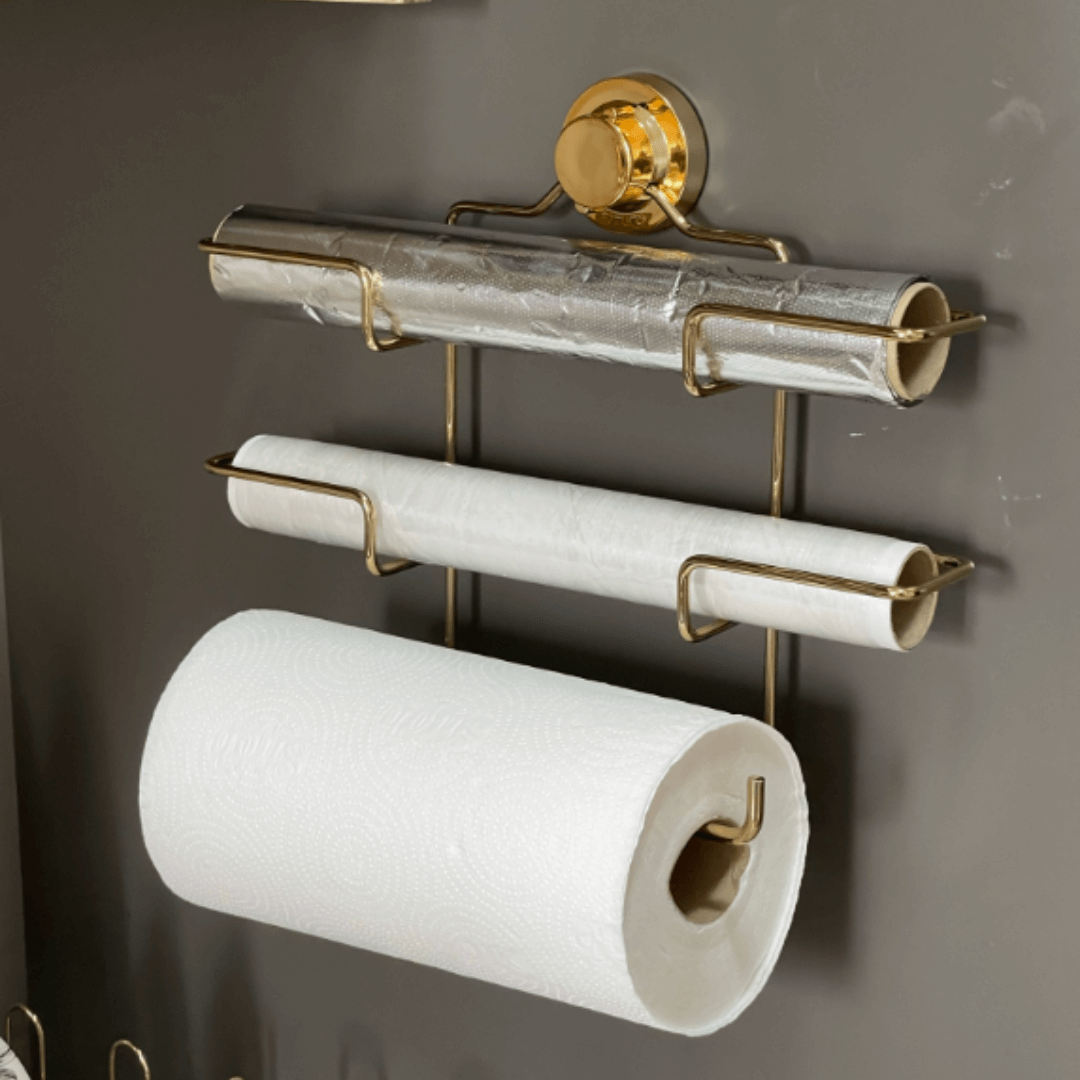 Suporte de Rolos Triplo para Papel Toalha/Alumínio/PVC com Ventosa Dourado - Ela Decora