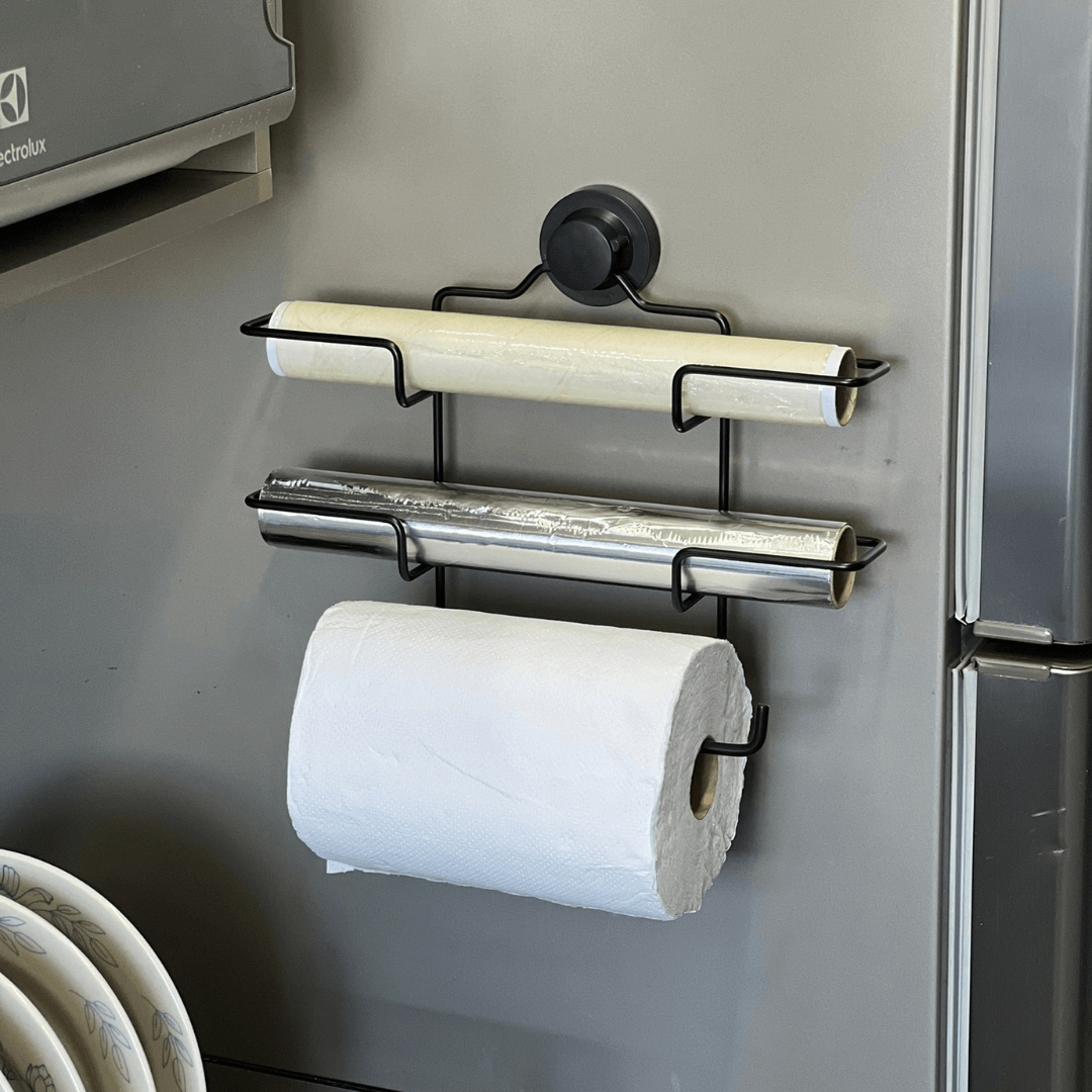 Suporte de Rolos Triplo para Papel Toalha/Alumínio/PVC com Ventosa Preto Fosco - Ela Decora