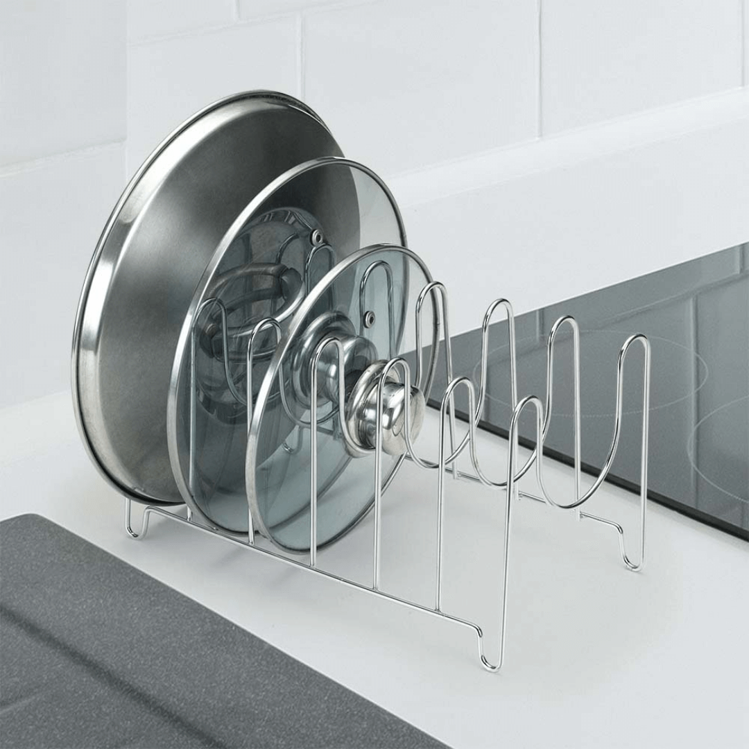 Suporte Organizador De Tampas De Apoiar Armário Cromado - Ela Decora