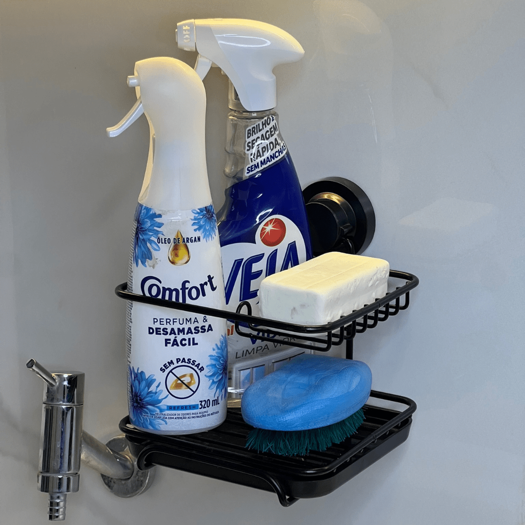 Suporte Para Detergente e Esponja com Fixação por Ventosa Preto Fosco - Ela Decora