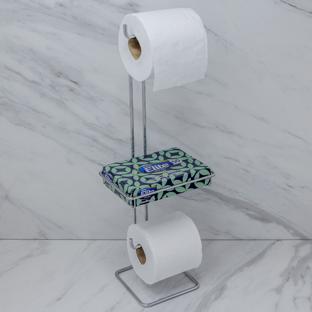 Suporte para Papel Higiênico Chão Duplo Com Porta Objeto Cromado - Ela Decora