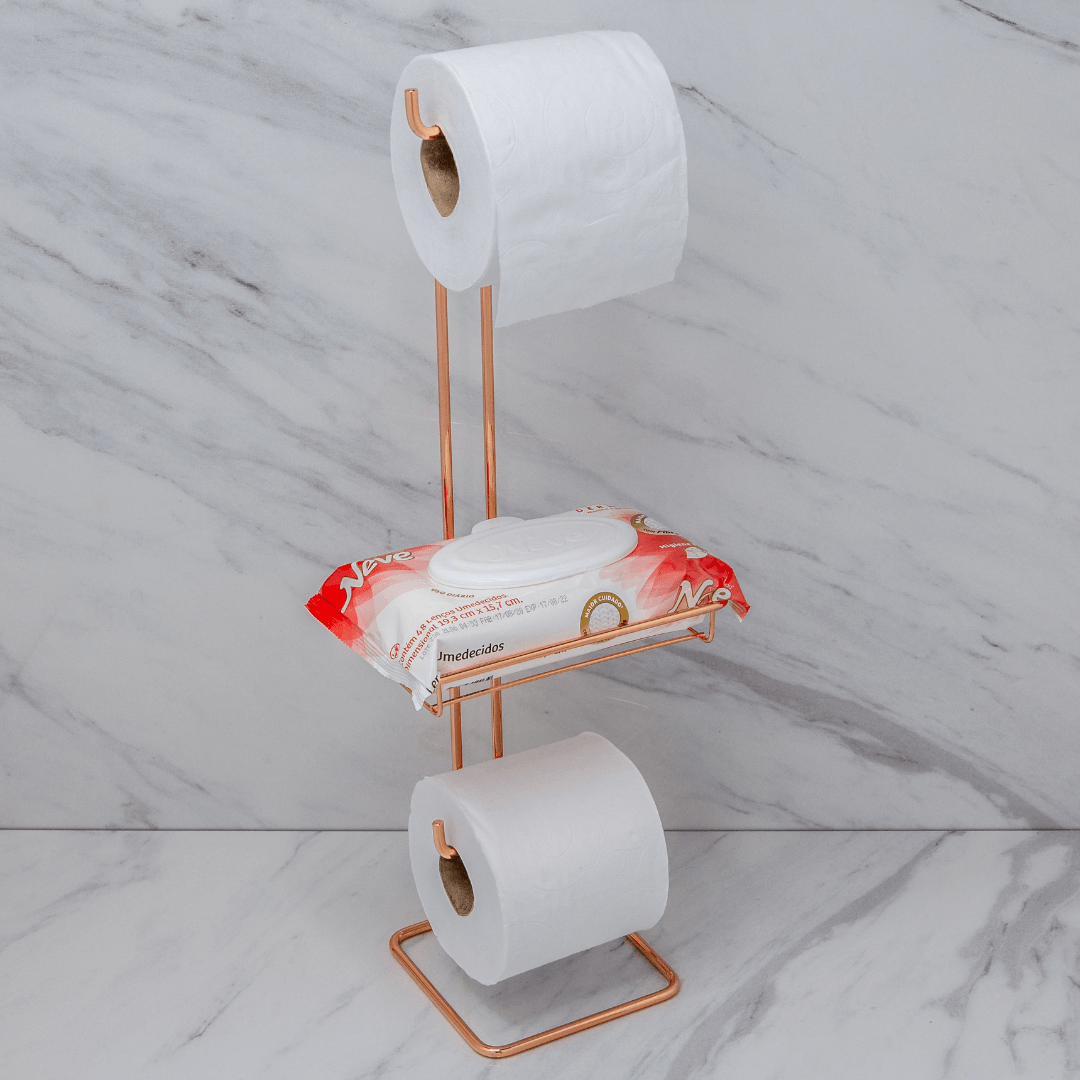 Suporte para Papel Higiênico Chão Duplo Com Porta Objeto Rose Gold - Ela Decora