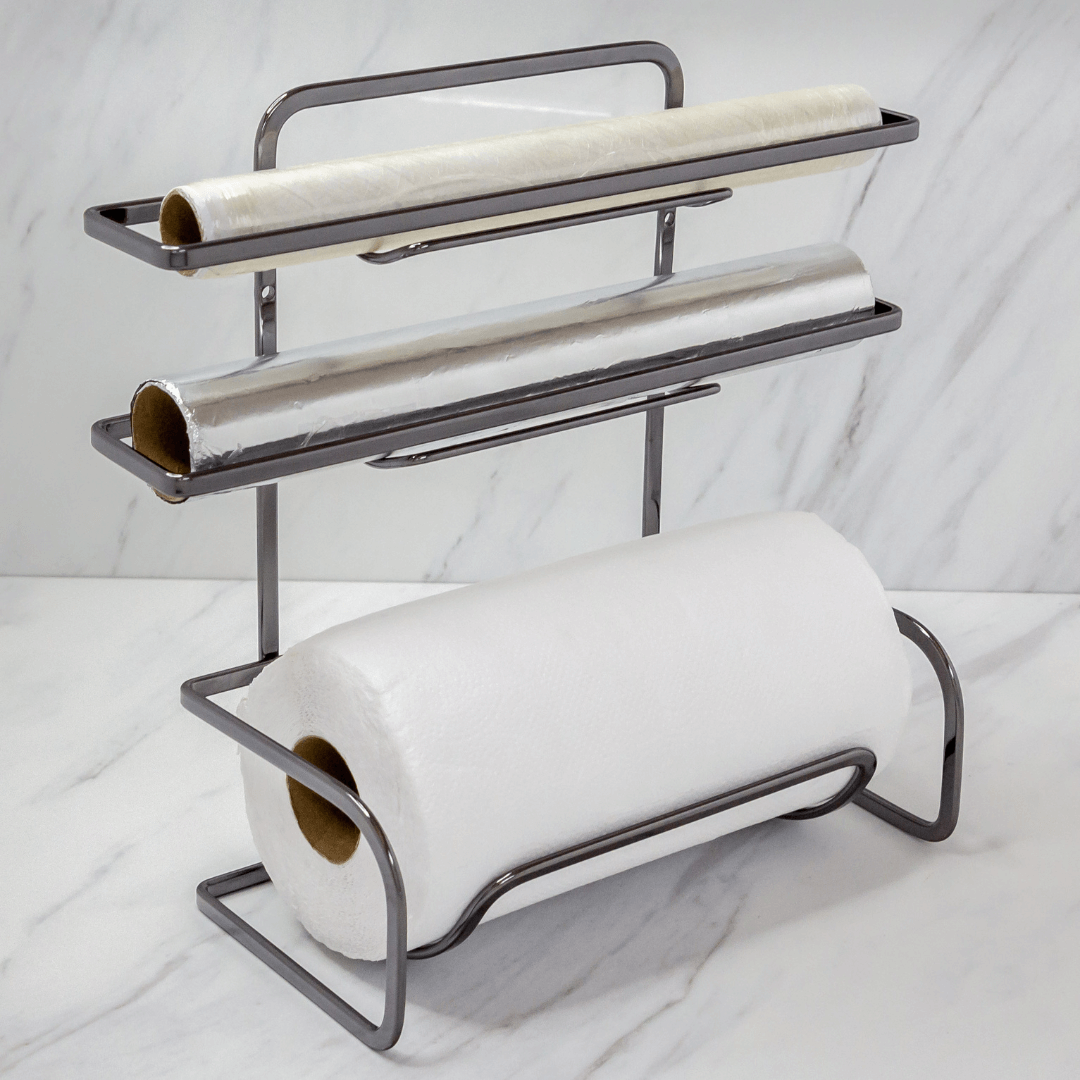 Suporte para Rolos Triplo Papel Toalha Alumínio PVC Bancada ou Parede Ônix - Ela Decora