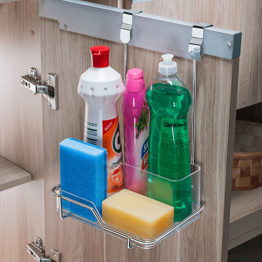 Suporte para Sabão Detergente e Esponja Para Porta Armário Cromado - Ela Decora