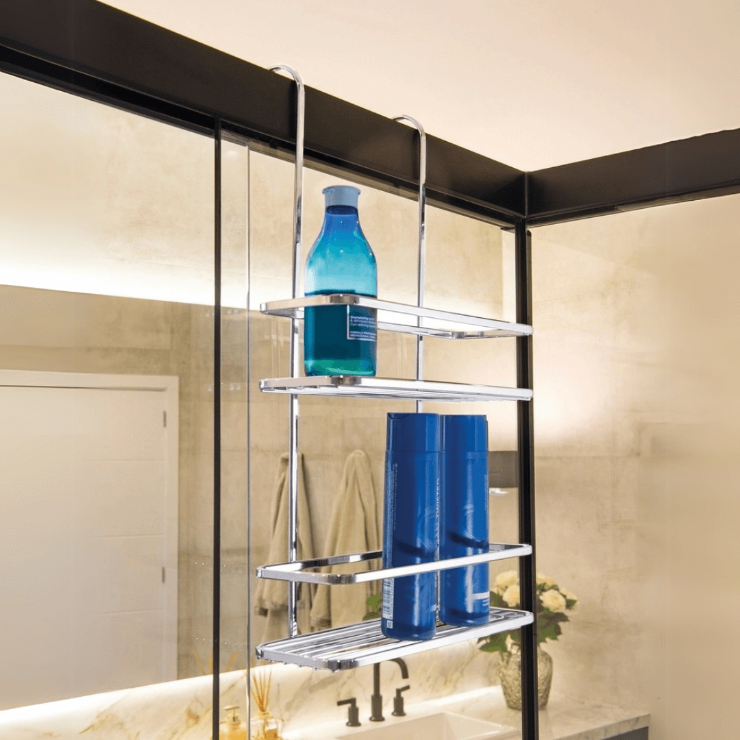 Suporte para Shampoo e Sabonete de Box com Gancho Móvel Cromado - Ela Decora