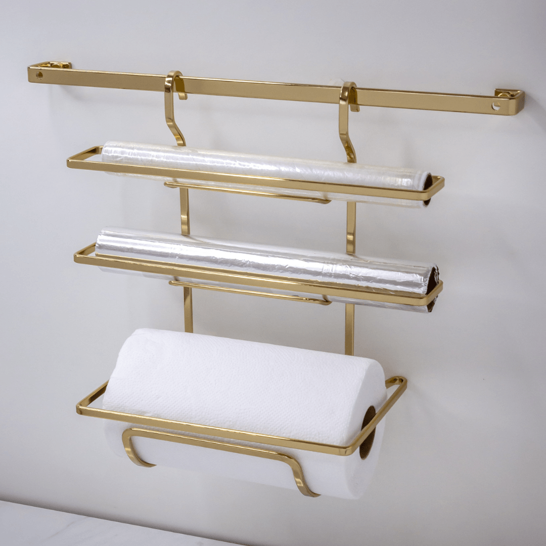 Suporte Porta Rolos Triplo Papel Toalha Alumínio e PVC Para Barra Luxo Dourado - Ela Decora