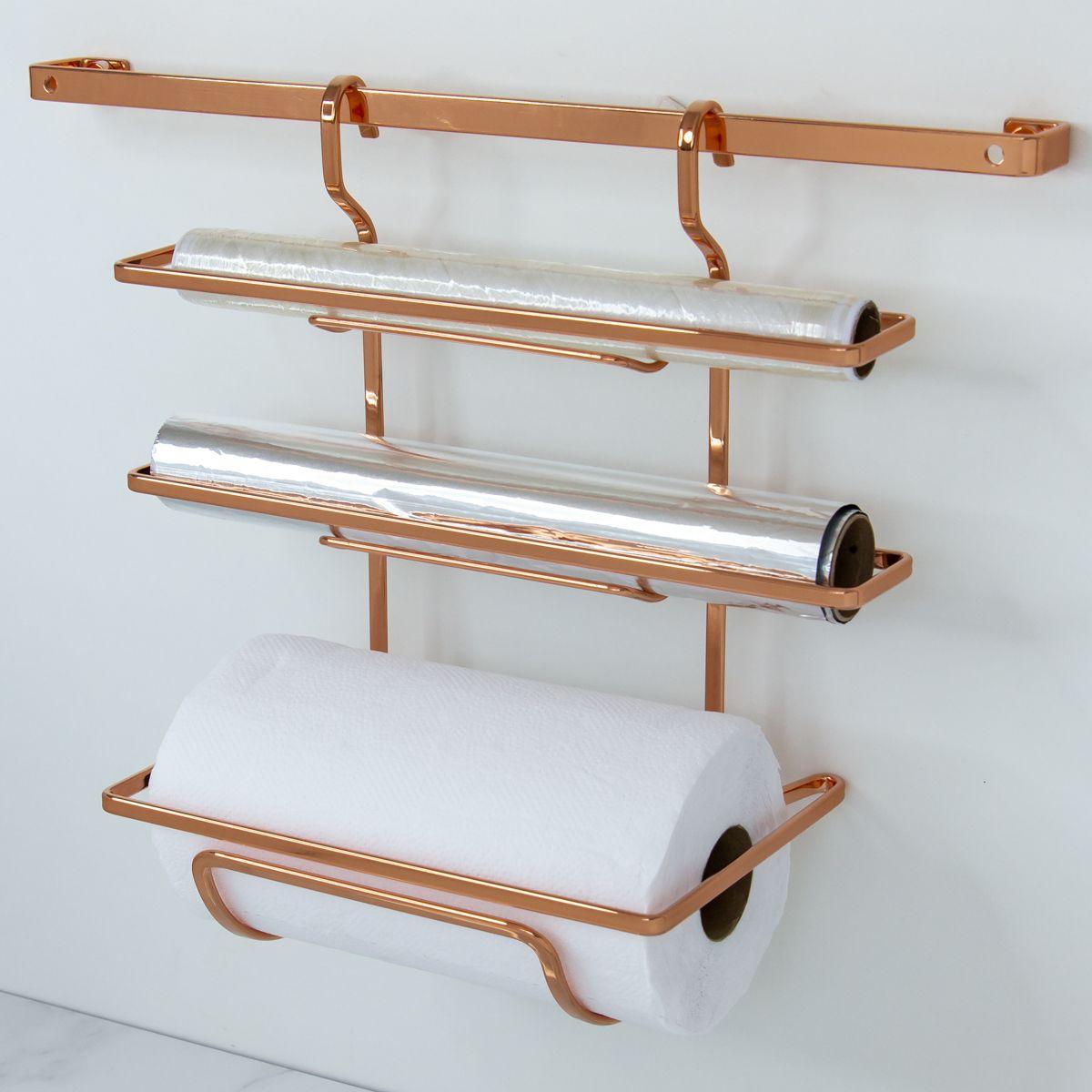 Suporte Porta Rolos Triplo Papel Toalha Alumínio e PVC Para Barra Luxo Rose Gold - Ela Decora