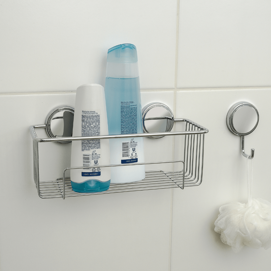 Suporte Porta Shampoo Retangular Fixação por Adesivo Cromado 28,5cm - Ela Decora