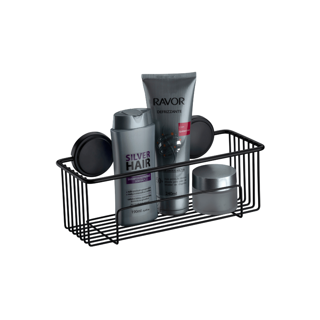 Suporte Porta Shampoo Retangular Fixação por Adesivo Preto Fosco 28,5cm - Ela Decora