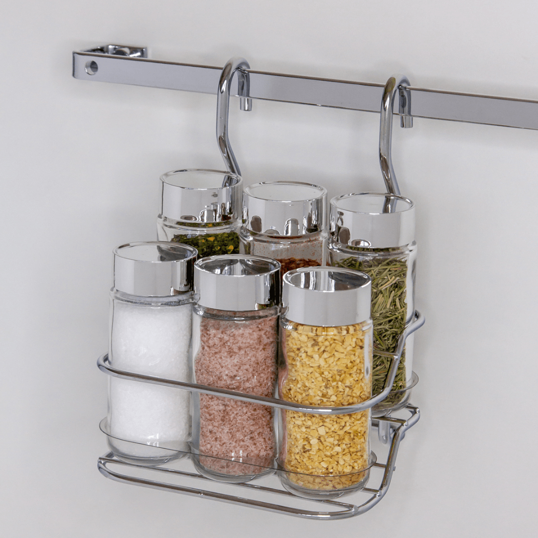 Suporte Porta Temperos e Condimentos 7 Peças Para Barra Cromado - Ela Decora