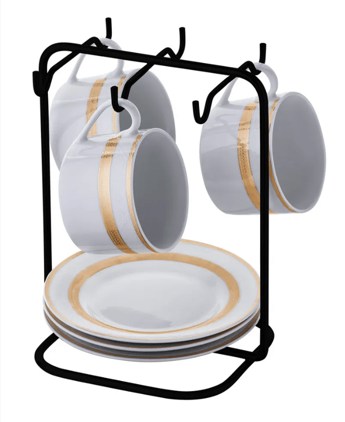 Suporte Porta Xícaras e Pires de Chá Aço Preto Fosco - Ela Decora