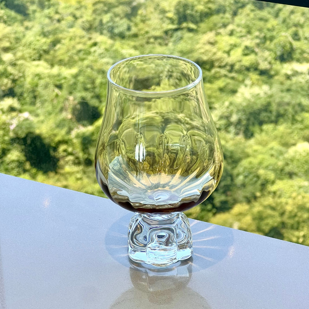 taca de vinho vidro transparente sobre superficie clara com vegetacao ao fundo