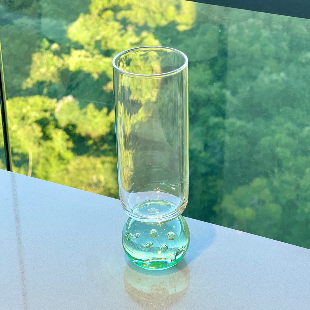 Taça champanhe vidro transparente com base esfera verde água 250ml