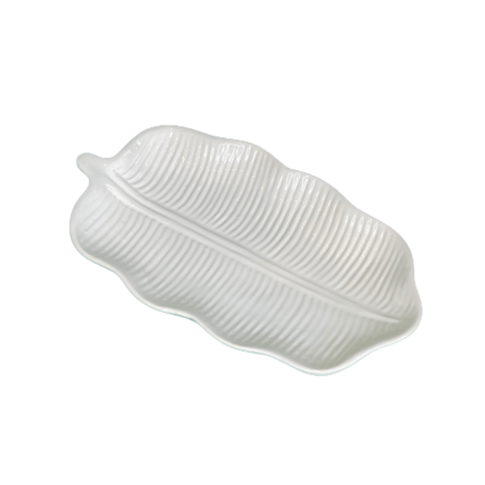 Travessa de Cerâmica Folha de Banana Leaf Branco - 20 cm - Ela Decora