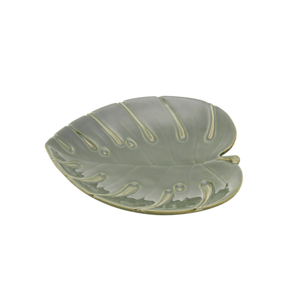Travessa Folha Decorativa de Cerâmica Costela De Adão Leaf Verde 22 cm - Ela Decora