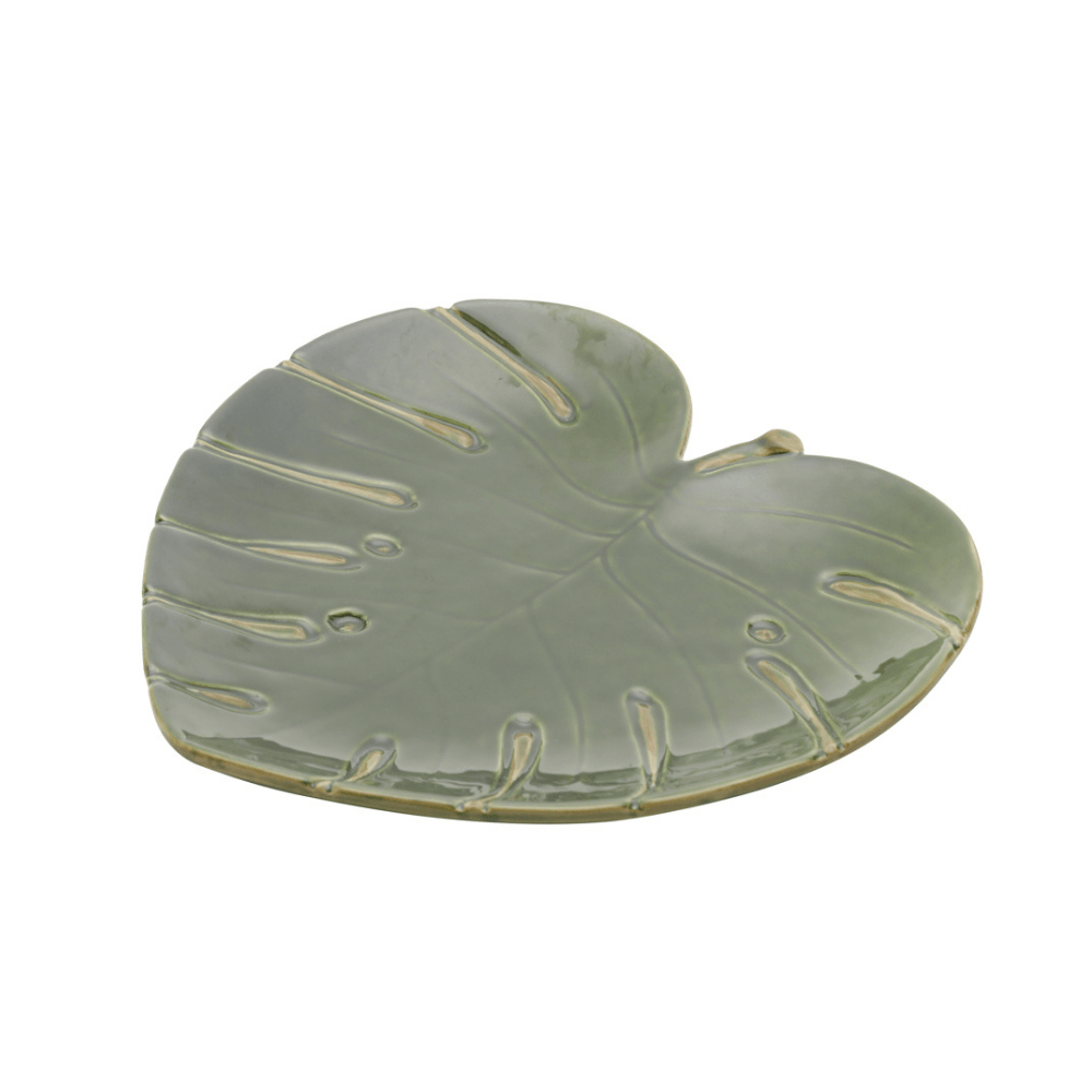 Travessa Prato Decorativo de Cerâmica Leaf Folha Costela de Adão Verde 28cm - Ela Decora