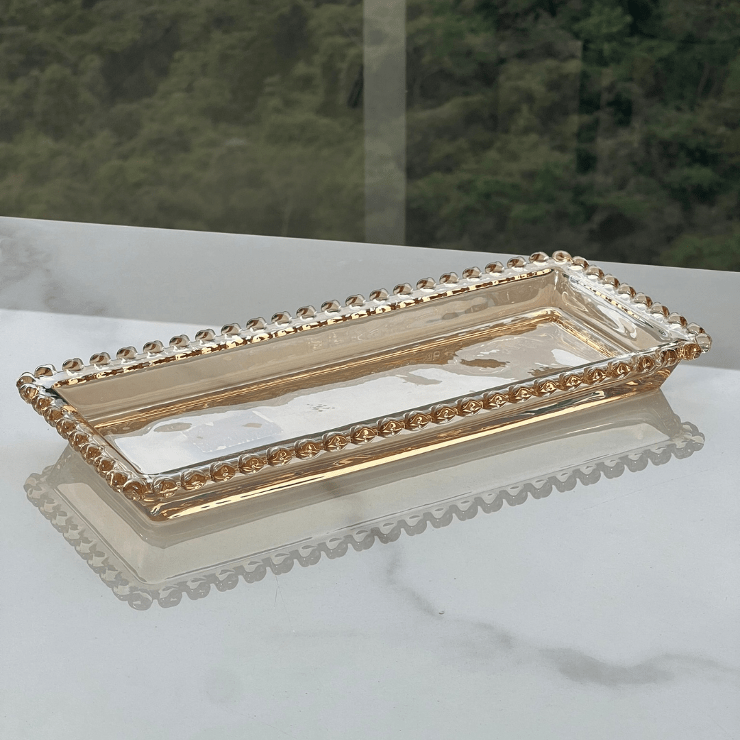 Travessa Retangular de Cristal Coração Âmbar Metalizado - Ela Decora