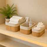 Conjunto 3 Cestos Retangulares de Bambu com Forro de Tecido