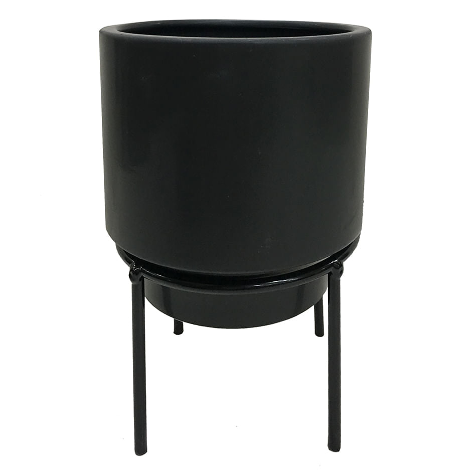 Vaso Cachepot de Cerâmica com Suporte de Metal Preto 12 cm x 12 cm - Ela Decora