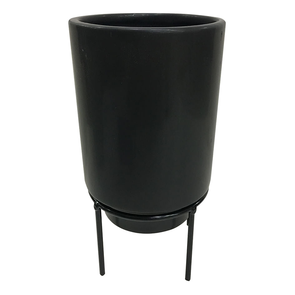 Vaso Cachepot de Cerâmica com Suporte de Metal Preto 17,5 cm x 12 cm - Ela Decora