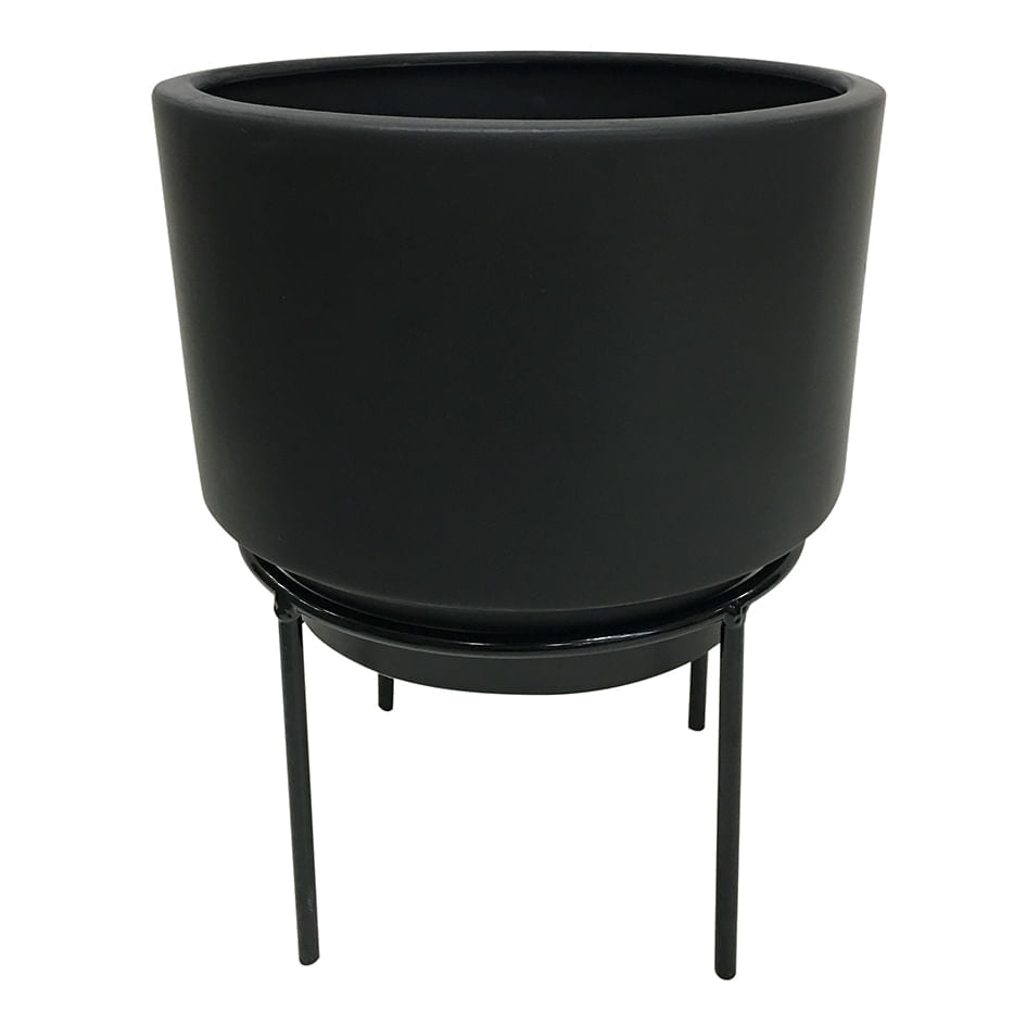 Vaso Cachepot de Cerâmica com Suporte de Metal Preto 19 cm x 16 cm - Ela Decora