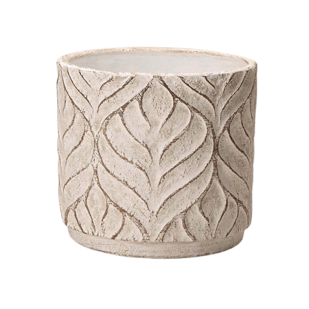 Vaso Cachepot em Cimento Detalhes Folhas Branco 14cm - Ela Decora
