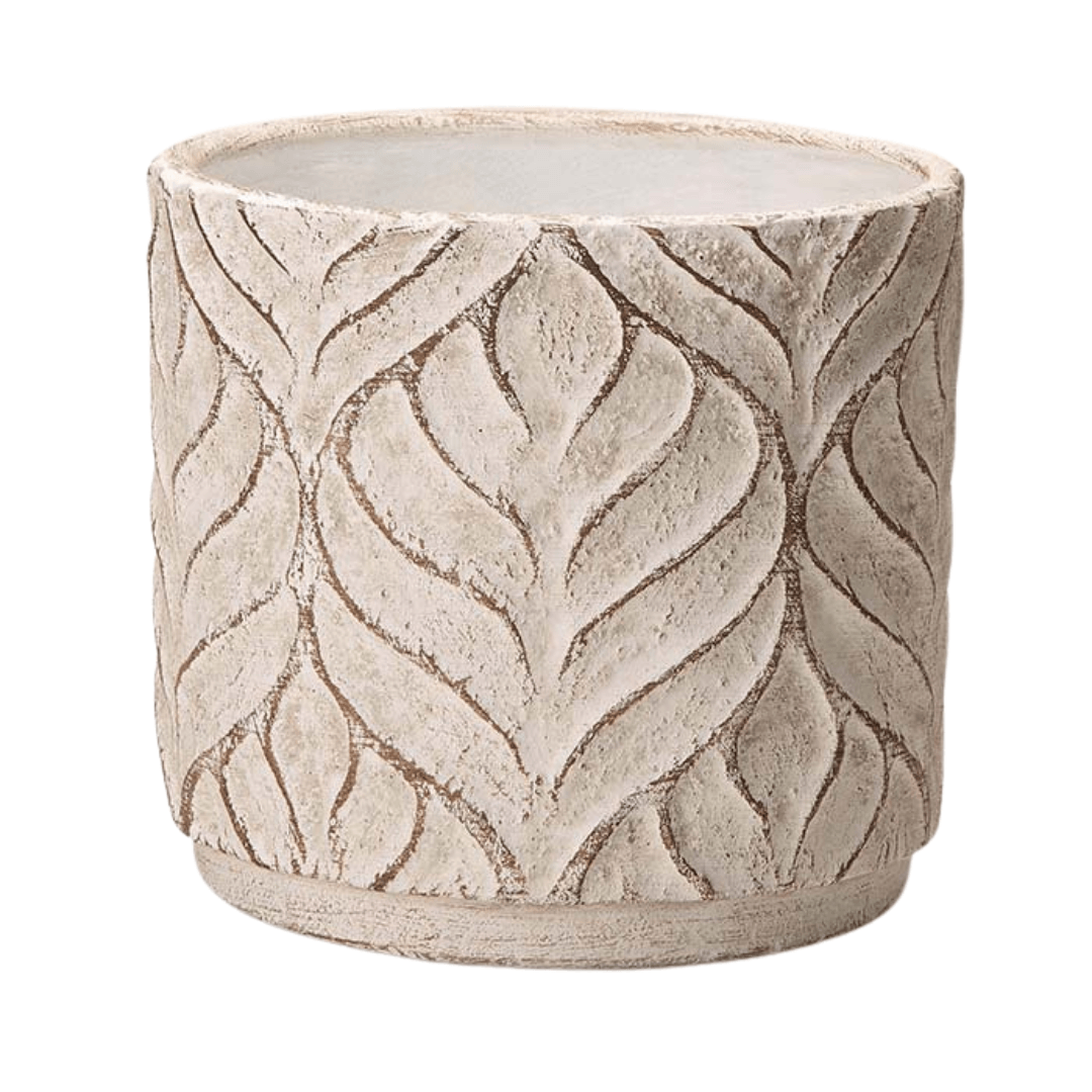 Vaso Cachepot em Cimento Detalhes Folhas Branco 17cm - Ela Decora