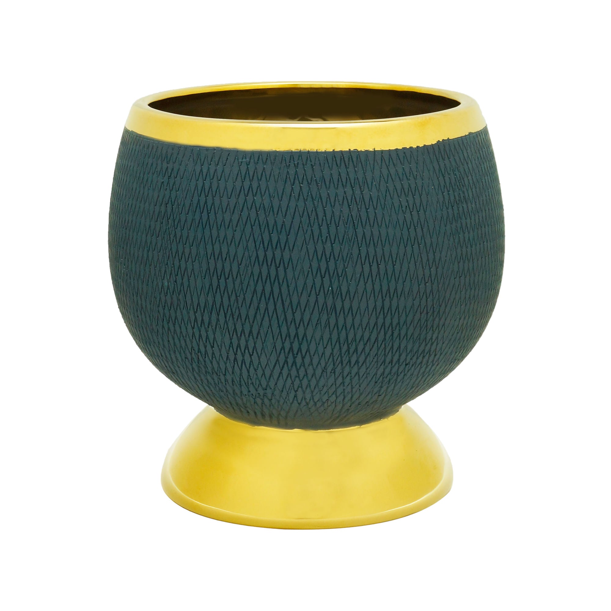 Vaso Decorativo Cerâmica Redondo Azul Com Dourado - 15cm - Ela Decora