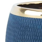 Vaso Decorativo Cerâmica Redondo Azul Com Dourado - 15cm - Ela Decora