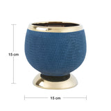 Vaso Decorativo Cerâmica Redondo Azul Com Dourado - 15cm - Ela Decora