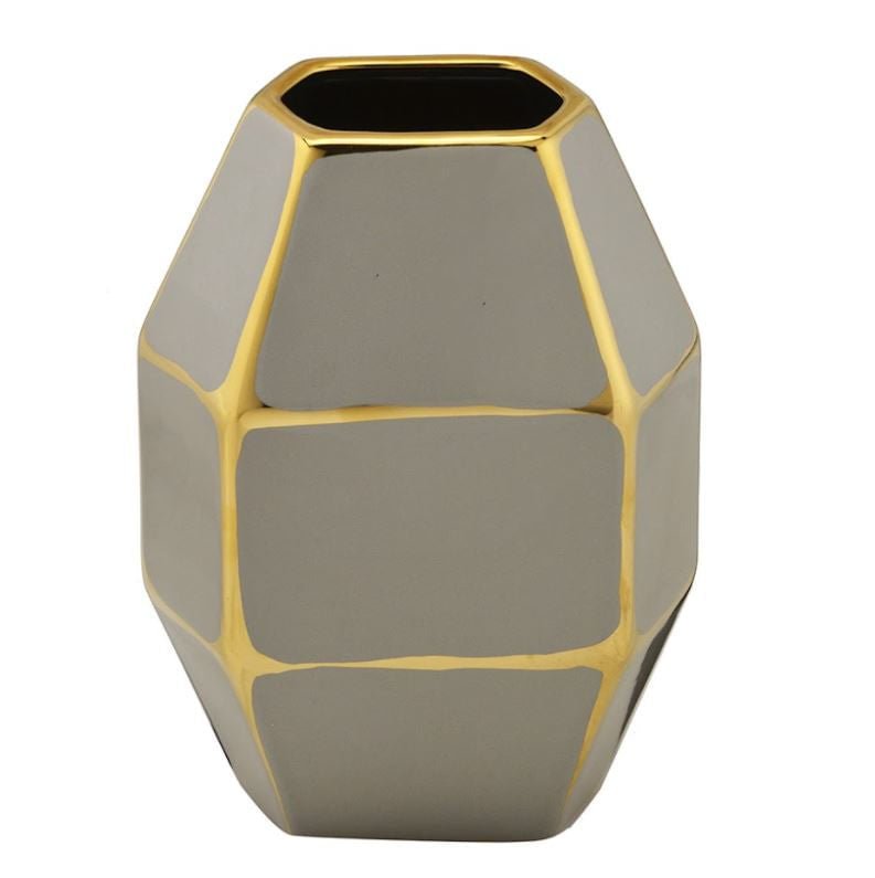 Vaso Decorativo Cinza e Dourado 21cm x 16cm x 12cm - Ela Decora